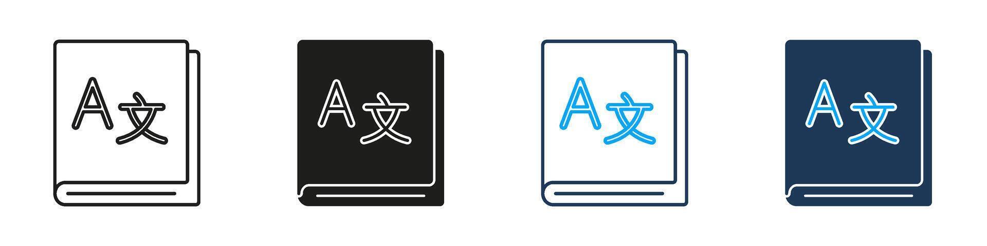 Language Dictionary Line And Solid Icon Set. Multilingual Translation And Learning Symbol Collection. Educational Resource And Language Study Tool. Isolated Illustration vector