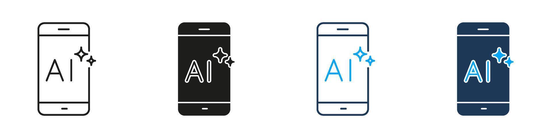 Artificial Intelligence Smartphone Mobile Application Line and Solid Icon Set. Digital App Device Innovation Machine Learning Technology Symbol Collection. Isolated Illustration vector