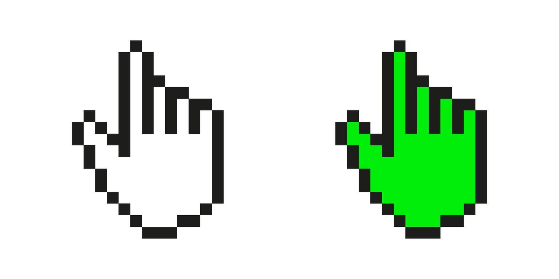 Pixelated Hand Cursor Icon Set. Retro Computer Pointer Symbol Collection. Classic And Green Mouse Click Indicators For Digital Interfaces. Isolated Illustration vector
