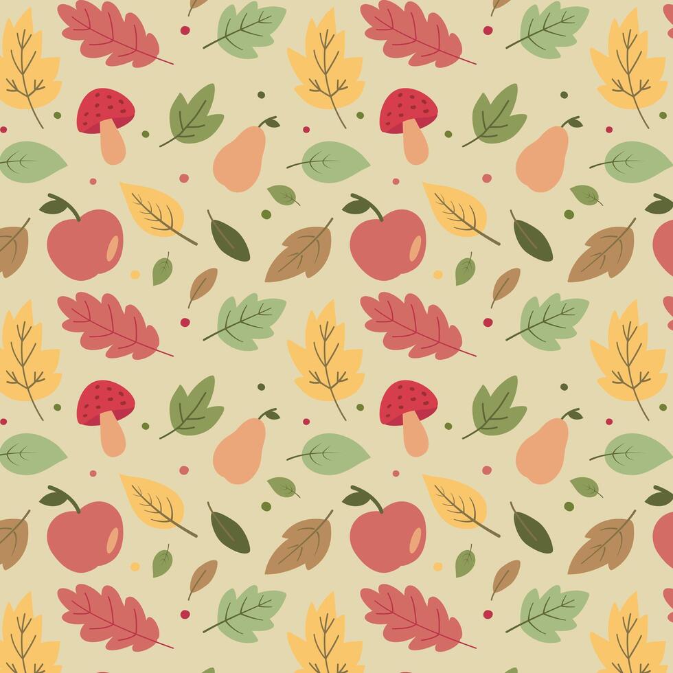 Seamless autumn pattern with colorful leaves, apples, pears, mushrooms and fall harvest elements on cream background vector
