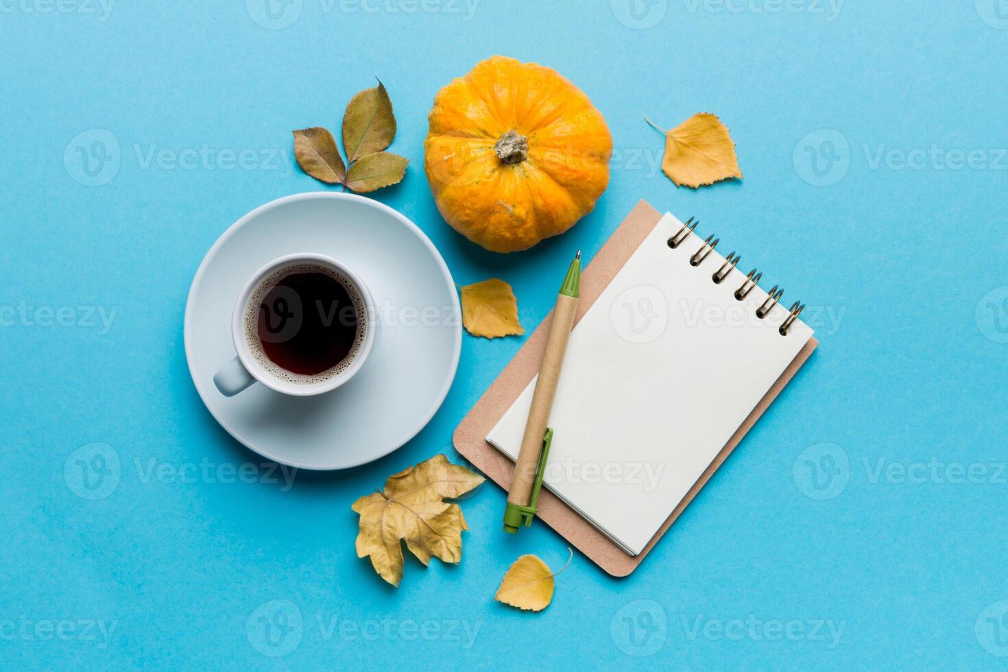 Autumn composition fallen leaves and notebook mock up on colored background. Top view. Flat lay with copy space photo