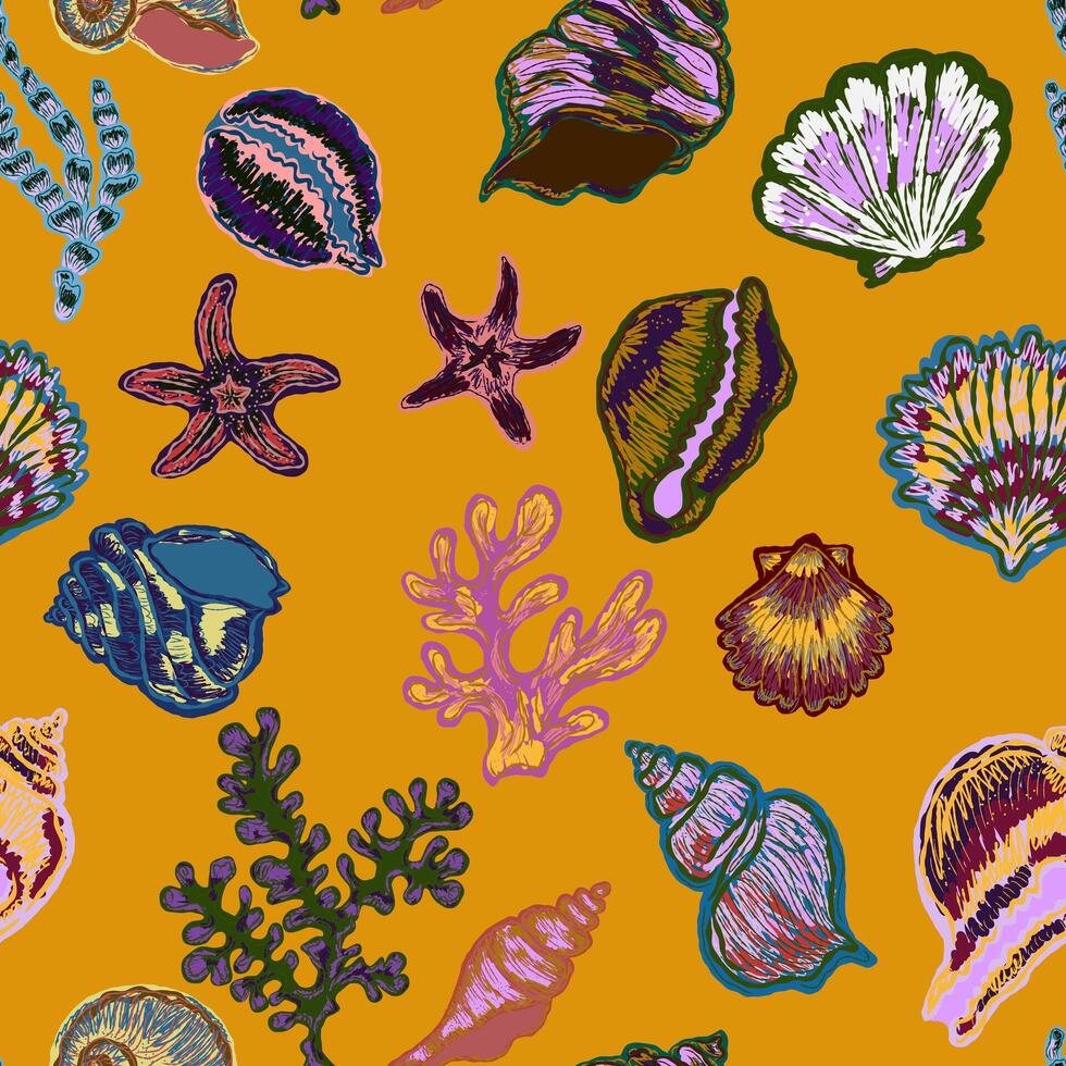 a colorful pattern of shells and corals on an orange background vector