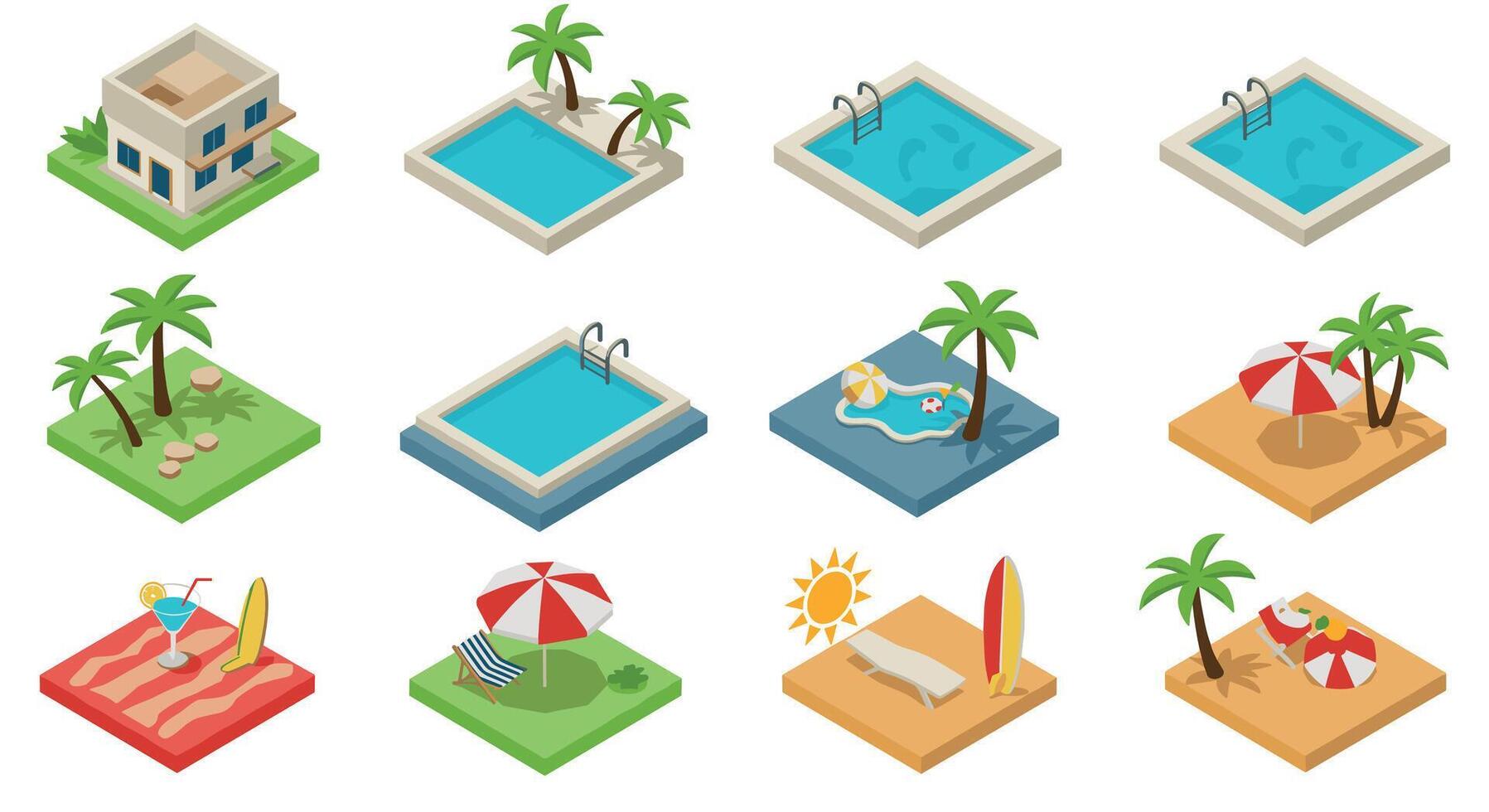 Isometric summer icons set with pools, beaches, palm trees, and surfboards vector