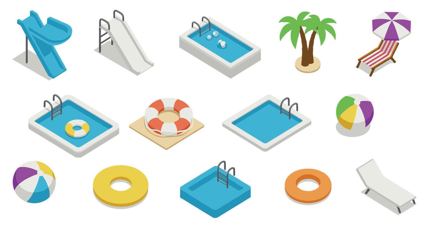 Isometric summer pool elements collection with slides, beach balls, and palm trees vector