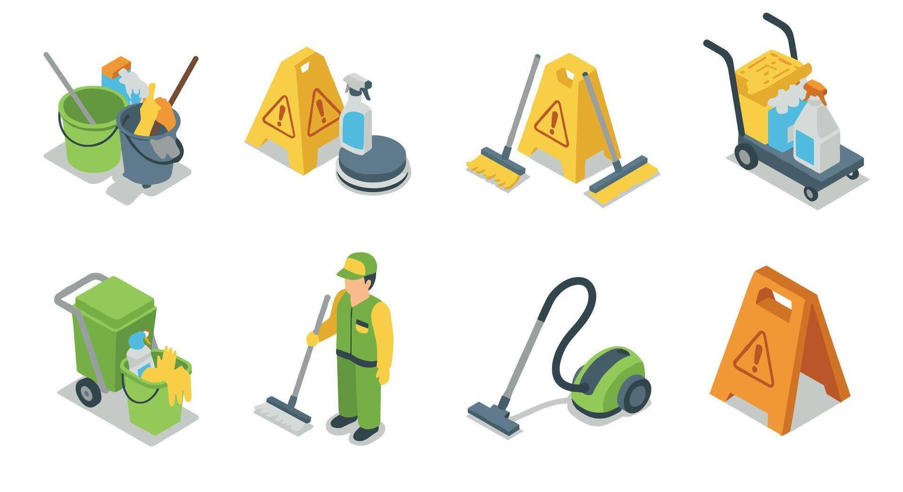 Cleaning equipment and safety signs in isometric style for professional maintenance services vector