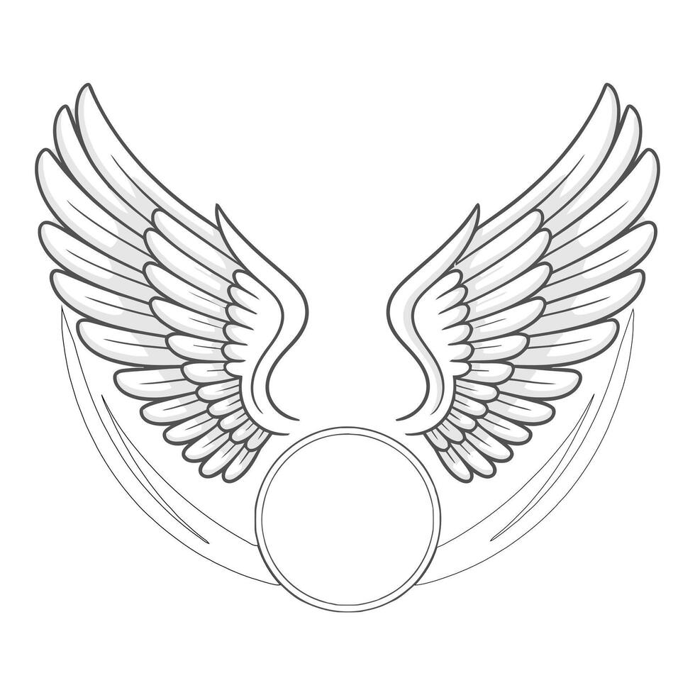 Pair of gracefully spread wings frame empty round space, ideal for crest, insignia, or personalized branding. Monochrome outline drawing, emblem component. vector