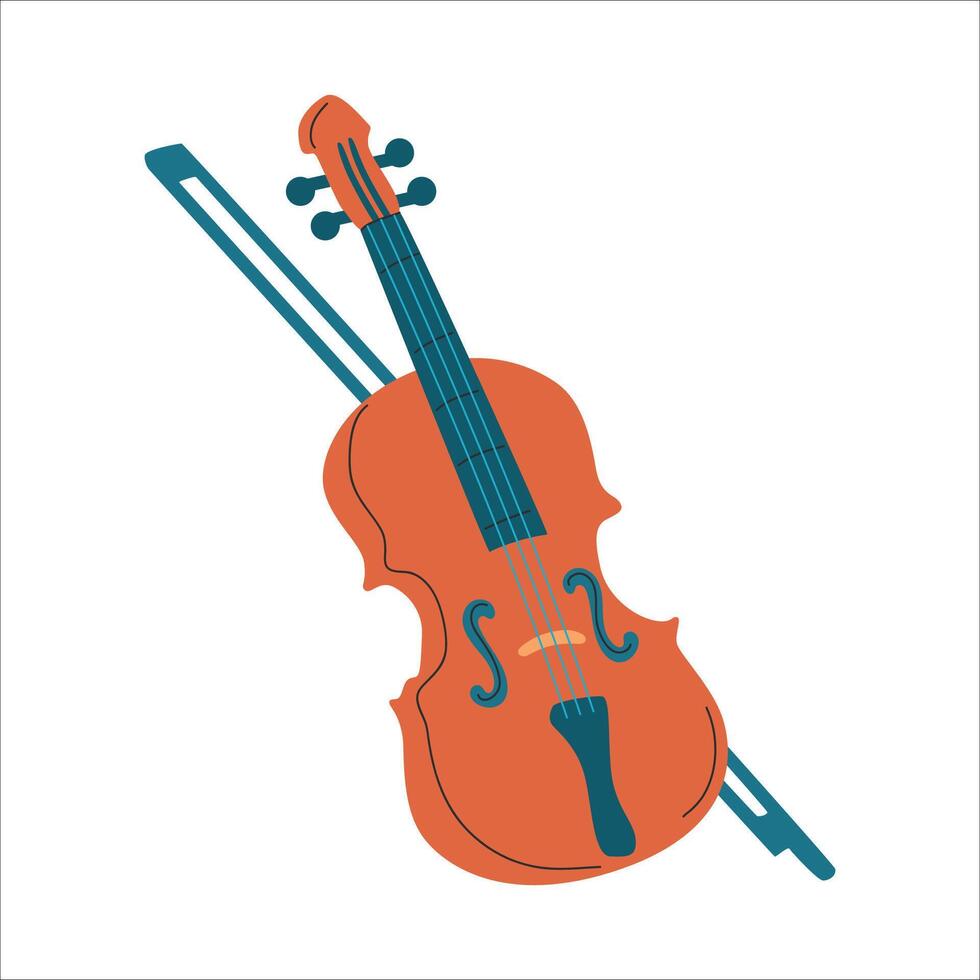 An orange violin with a bow rests on a flat surface. The violin features a classic design with f-holes and a smooth finish. vector