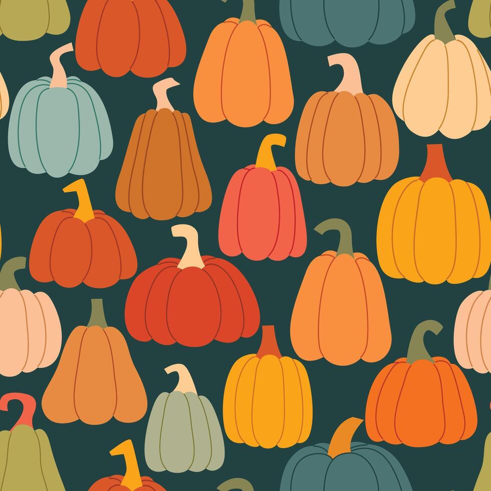Different colored pumpkins on dark background create seamless pattern vector