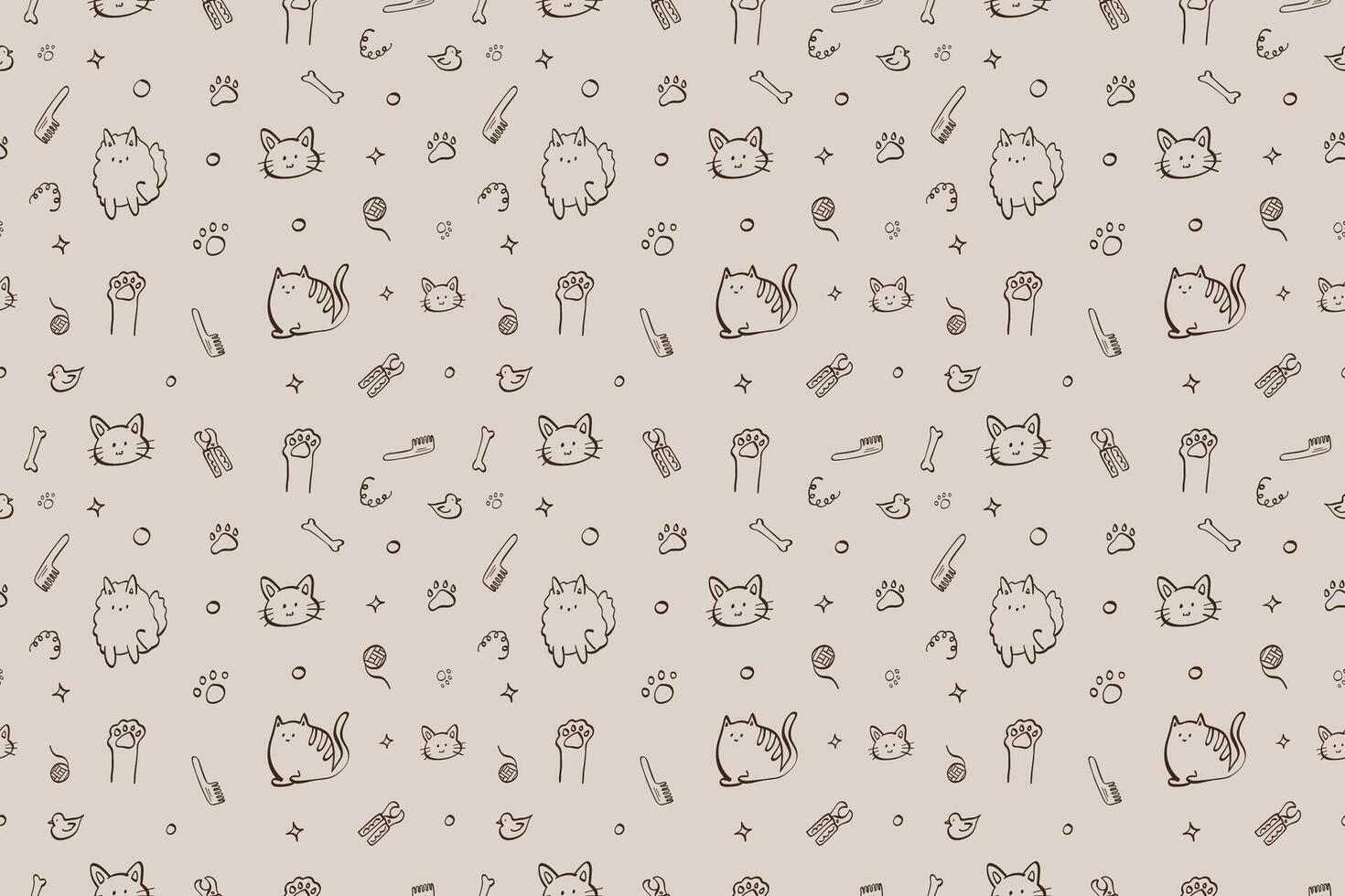Seamless Cute Cat Pattern with Pet Elements and Paw Prints vector