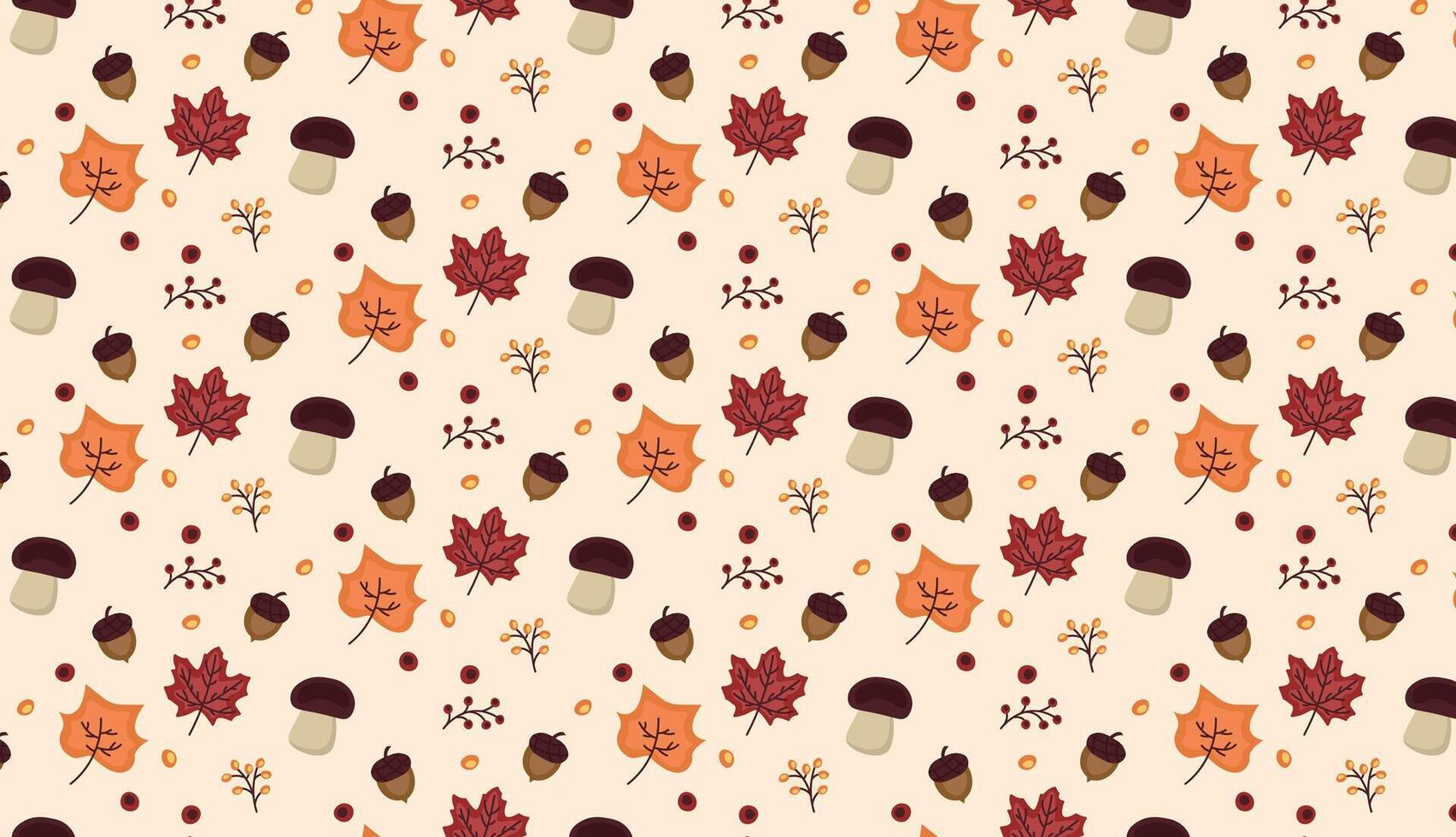 Simple autumn pattern in flat style with colorful leaves, mushrooms and acorns on beige backgrounds vector