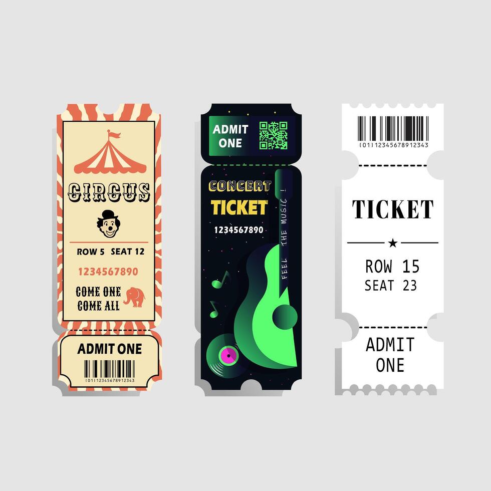 Set of templates for tickets to a concert, circus, any event with a barcode. Modern flat design for music events, parties or festivals vector