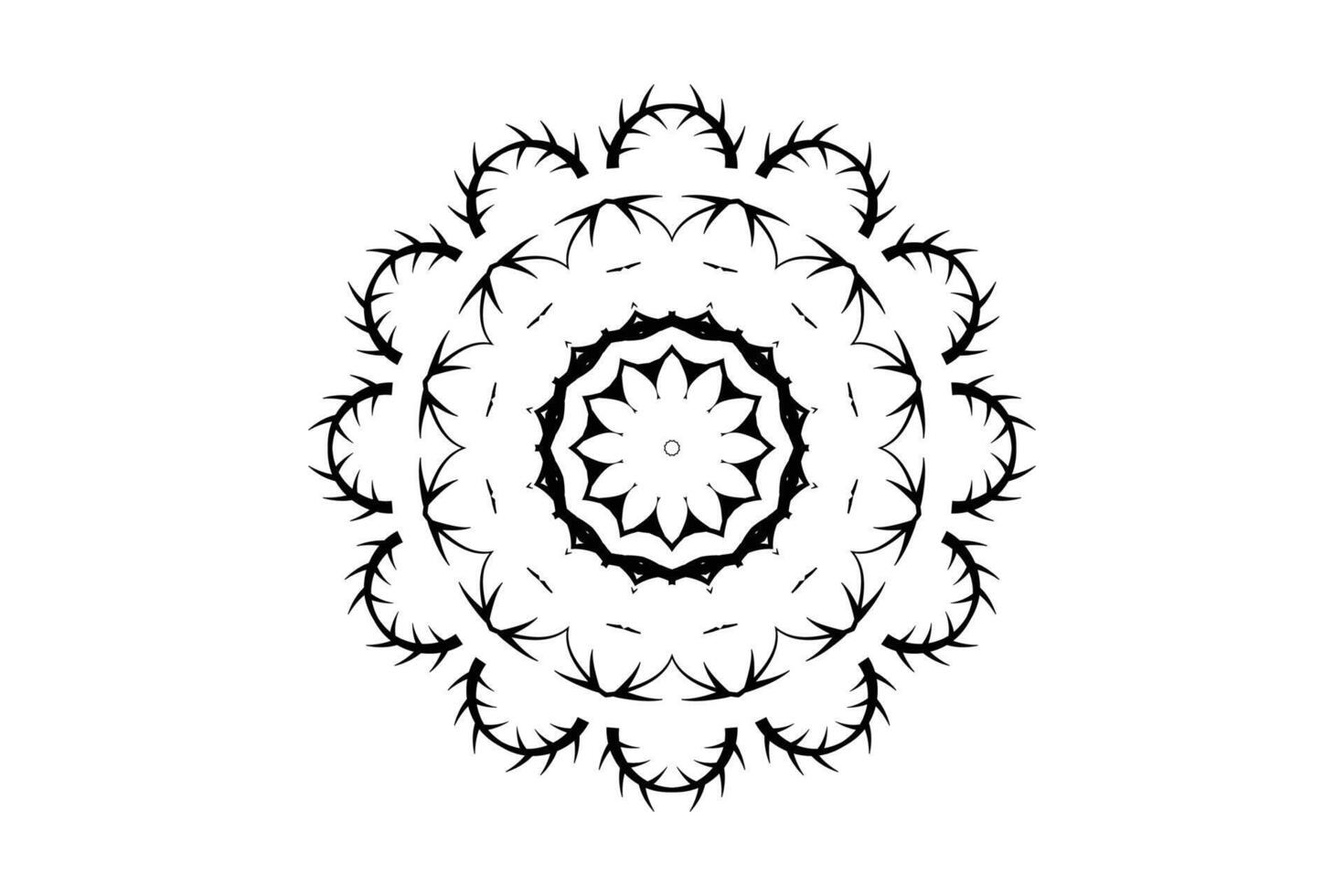 Black and white symmetrical mandala with geometric teardrop and loop pattern in concentric circles vector