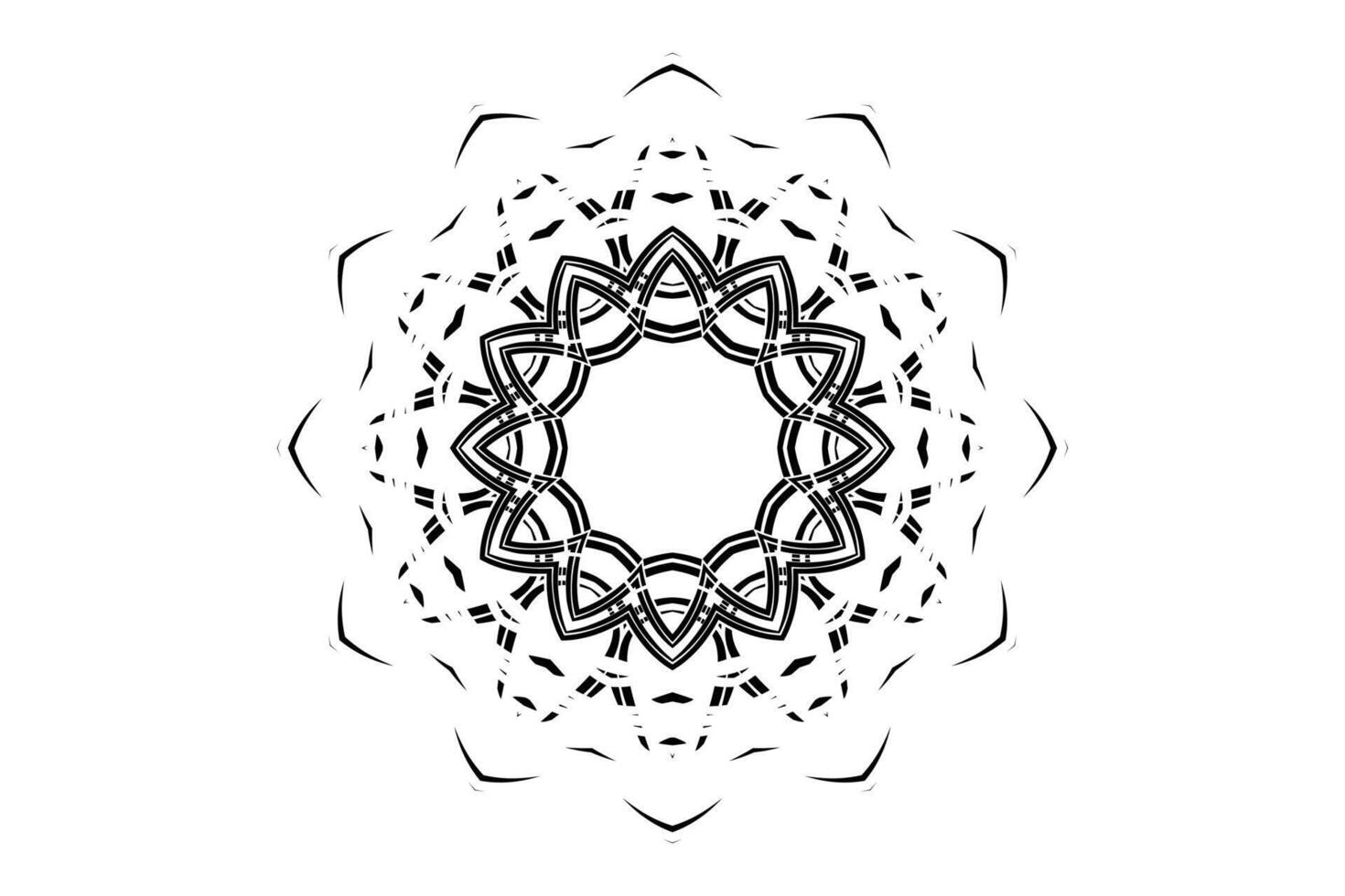 Black and white symmetrical mandala with concentric triangles circles and interlocking line patterns vector