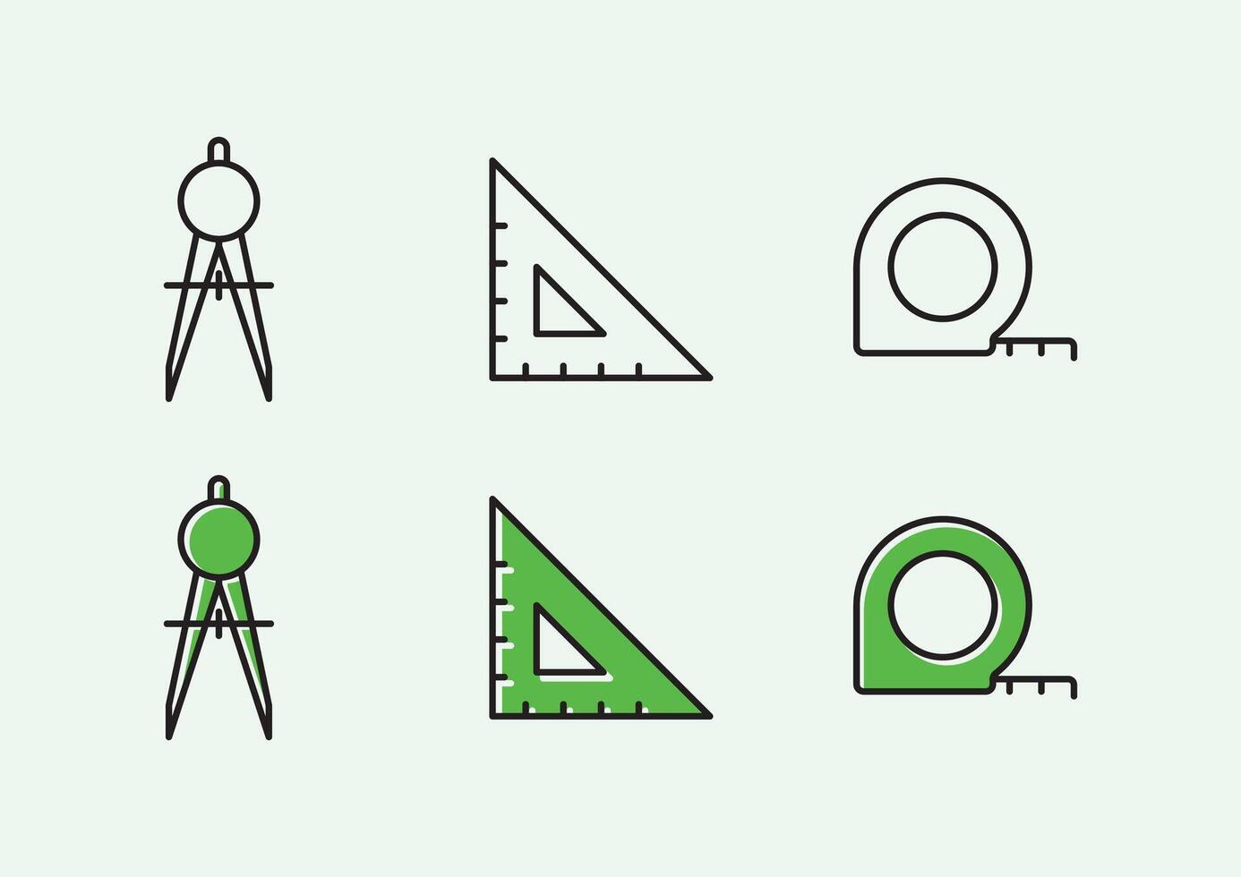 Modern geometric icon set for design and construction, featuring compass, ruler, tape measure in minimalist style vector