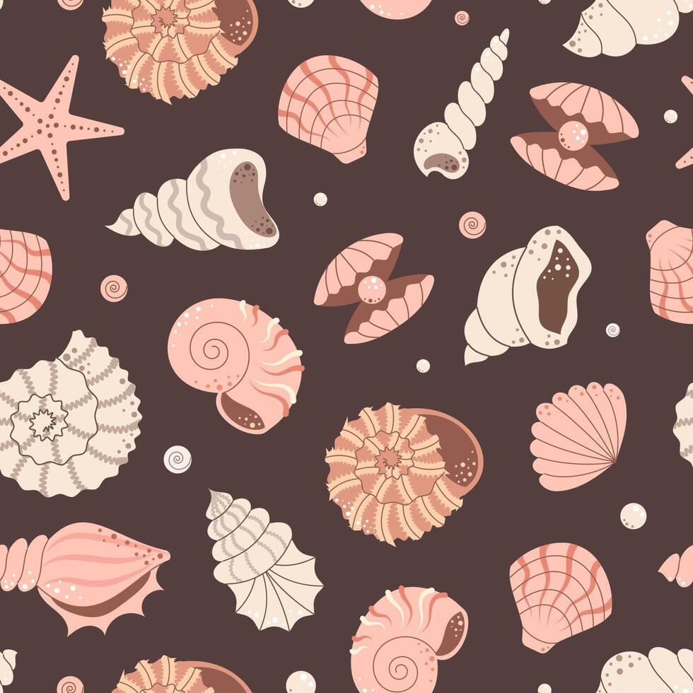 Seamless pattern with shells and mollusks. Flat illustration. vector
