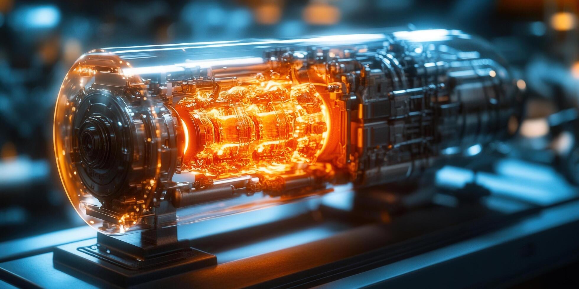 Futuristic engine with a transparent casing, showcasing glowing internal components and advanced technology. photo