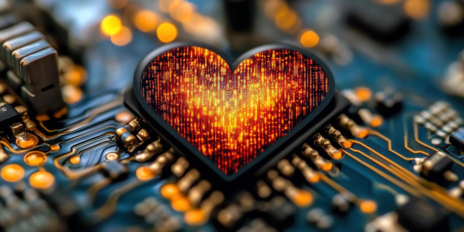 A glowing digital heart embedded on a computer circuit board, showcasing modern technology photo
