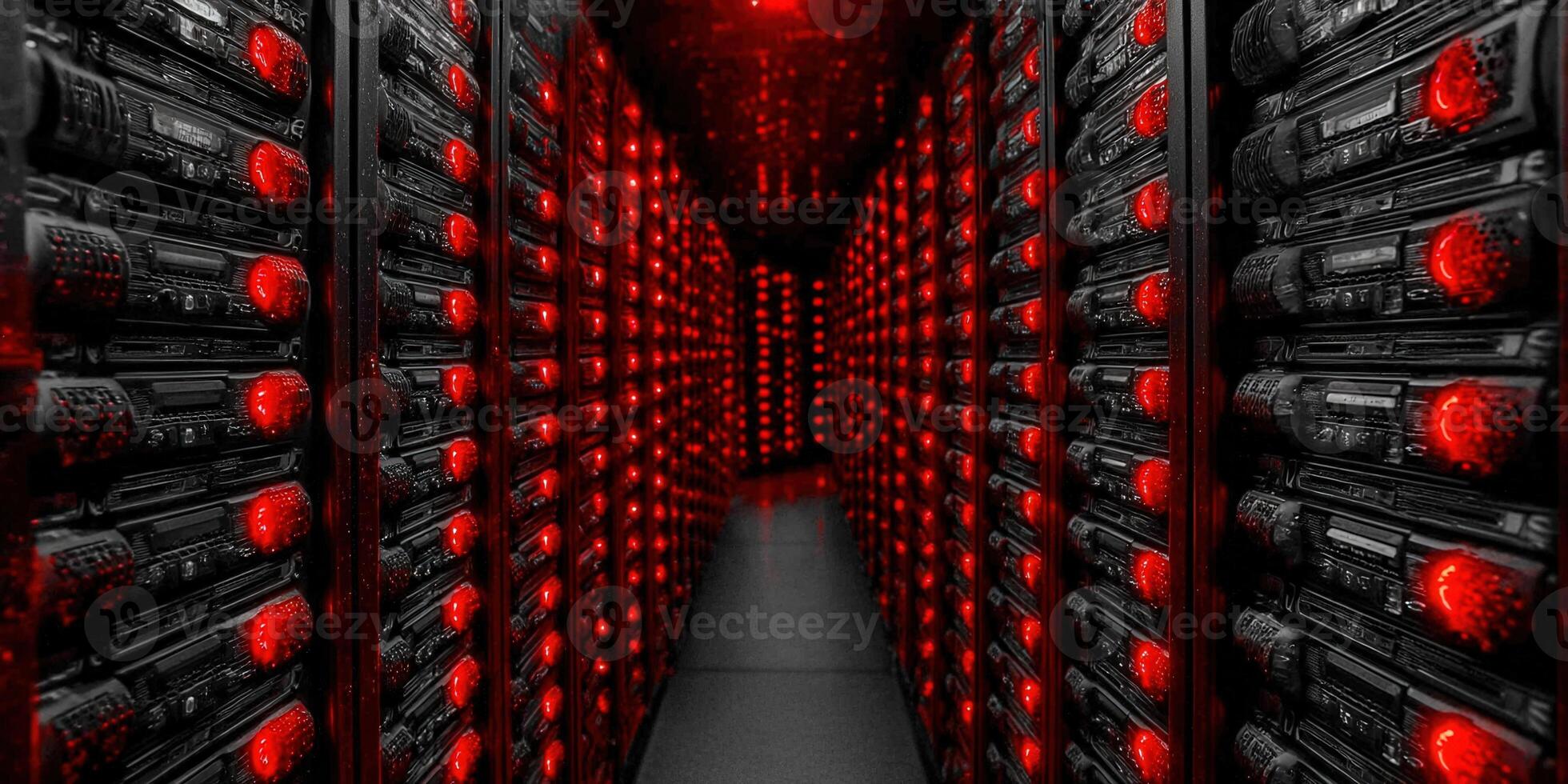 Inside a server room, rows of servers glow with red lights, creating a high-tech and futuristic feel. photo