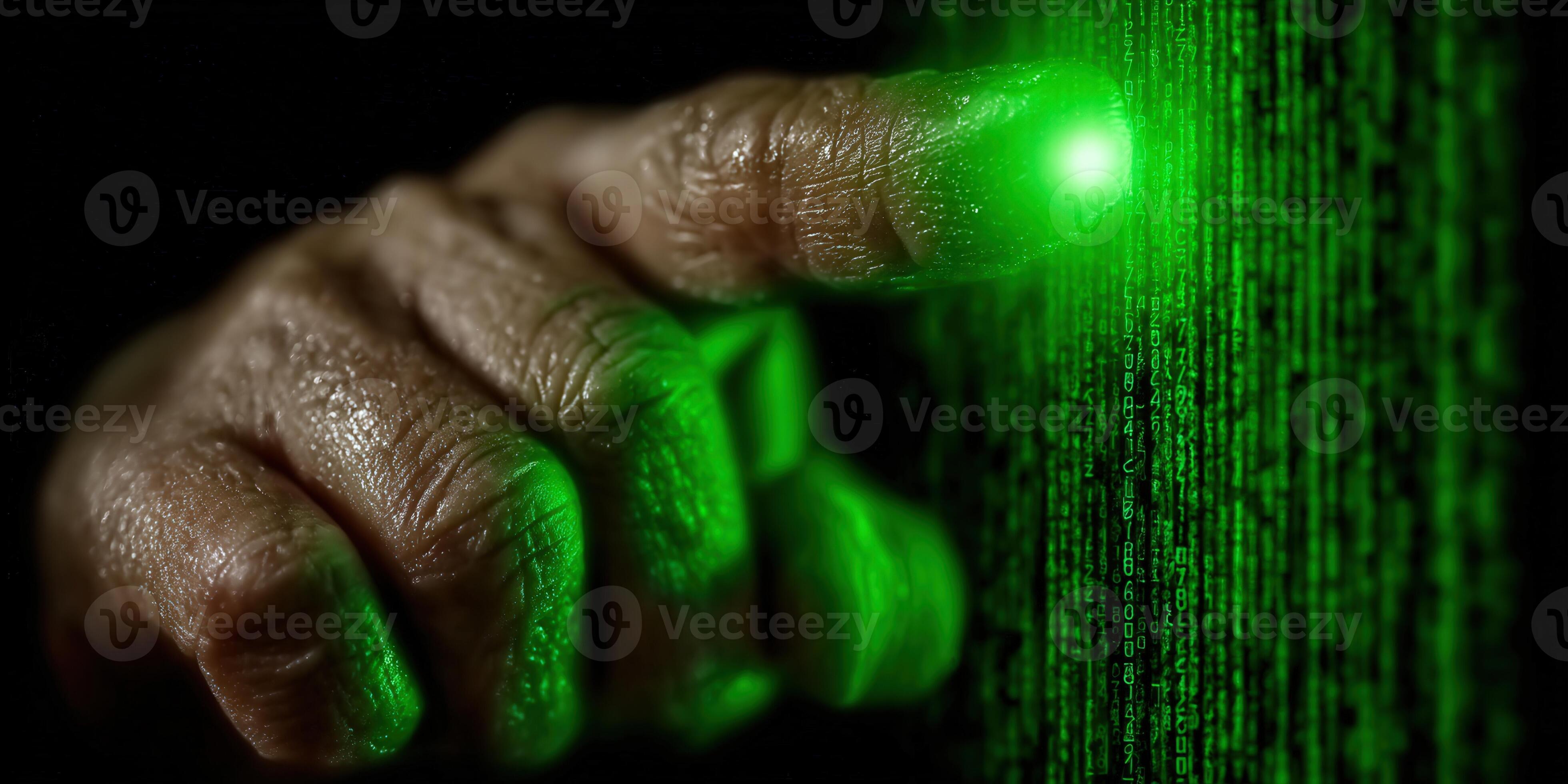 A hand interacts with a glowing digital code interface, symbolizing ...