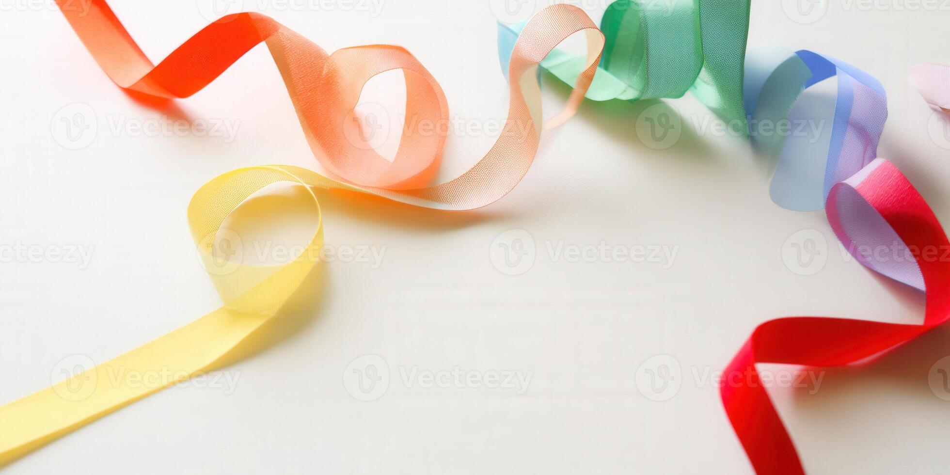 A beautiful display of colorful ribbons with soft shadows and a plain white background. photo