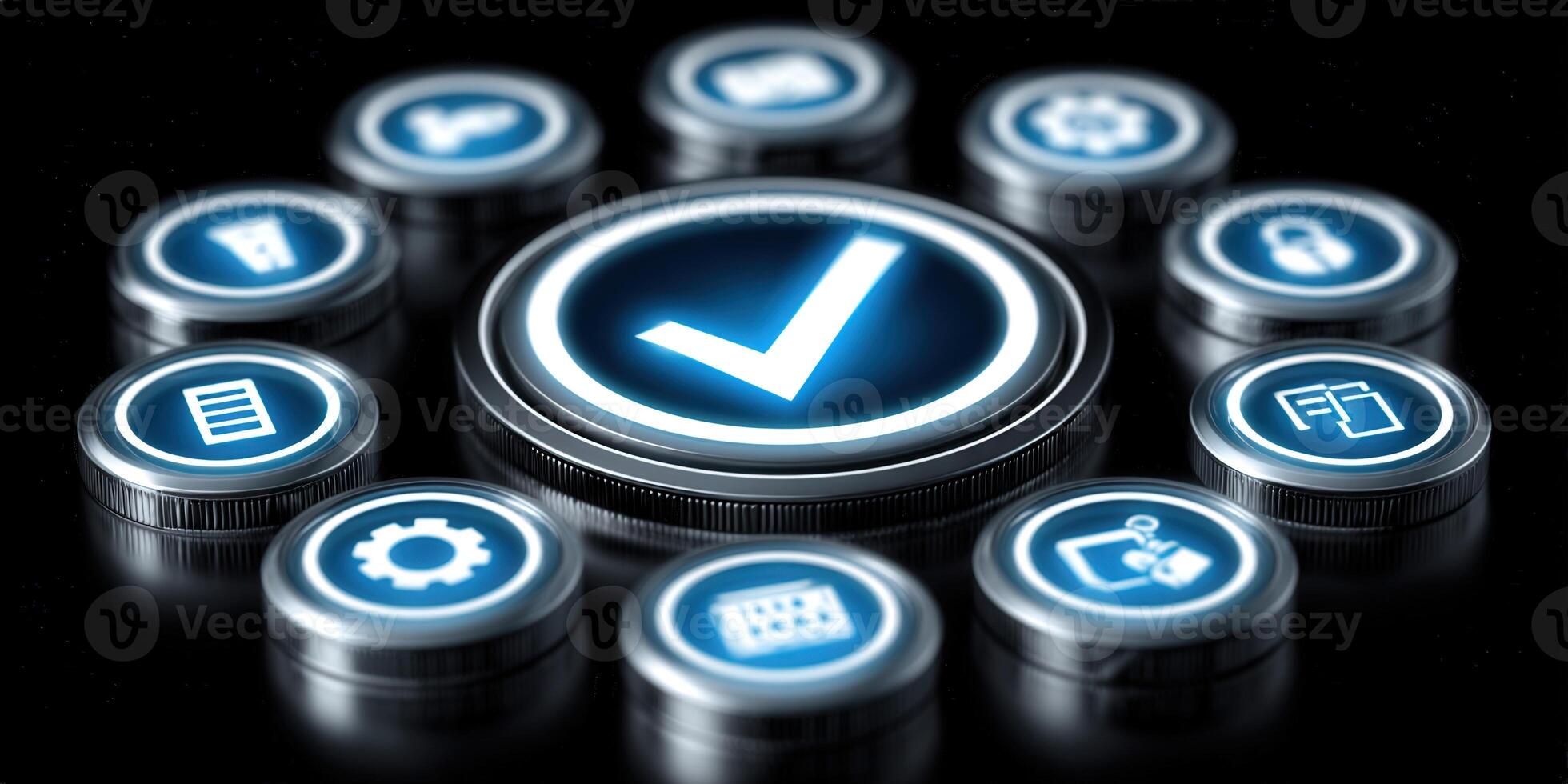 A blue glowing checkmark button, signifying validation, surrounded by interface icons on a dark backdrop. photo