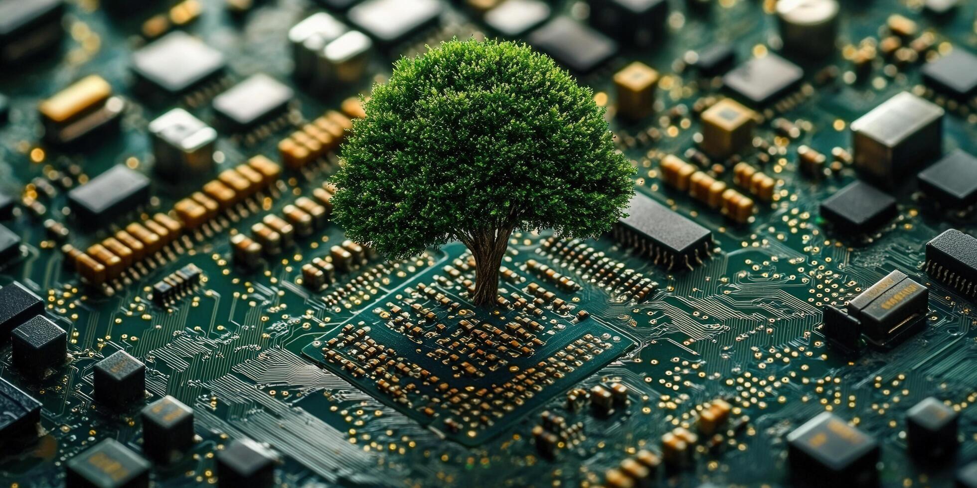A tree thrives on a computer circuit board, representing tech and nature's fusion. photo