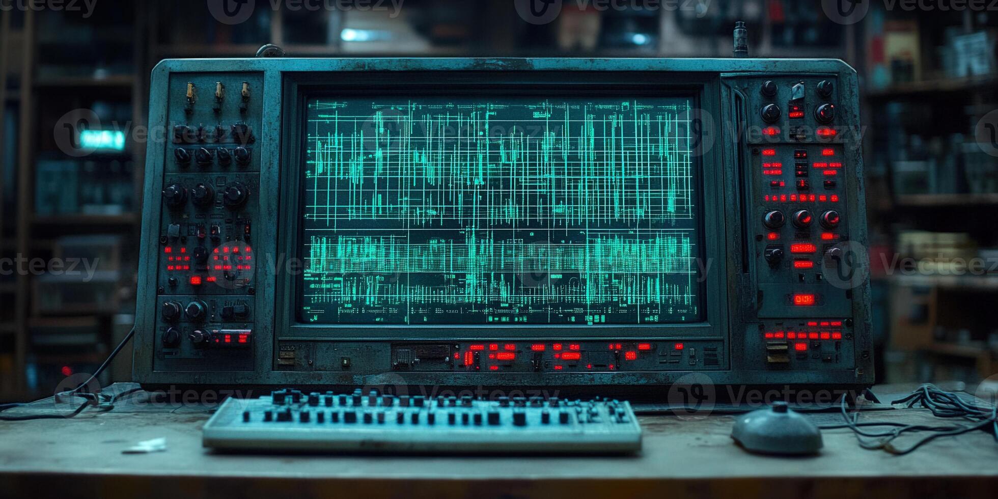 An antique oscilloscope and keyboard on a desk, showcasing data analysis and retro technology photo