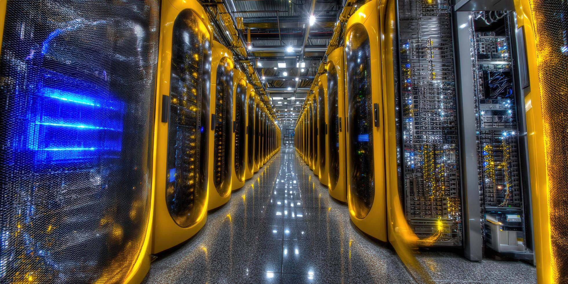 Inside a high-tech data center, rows of servers create a futuristic computing environment. photo