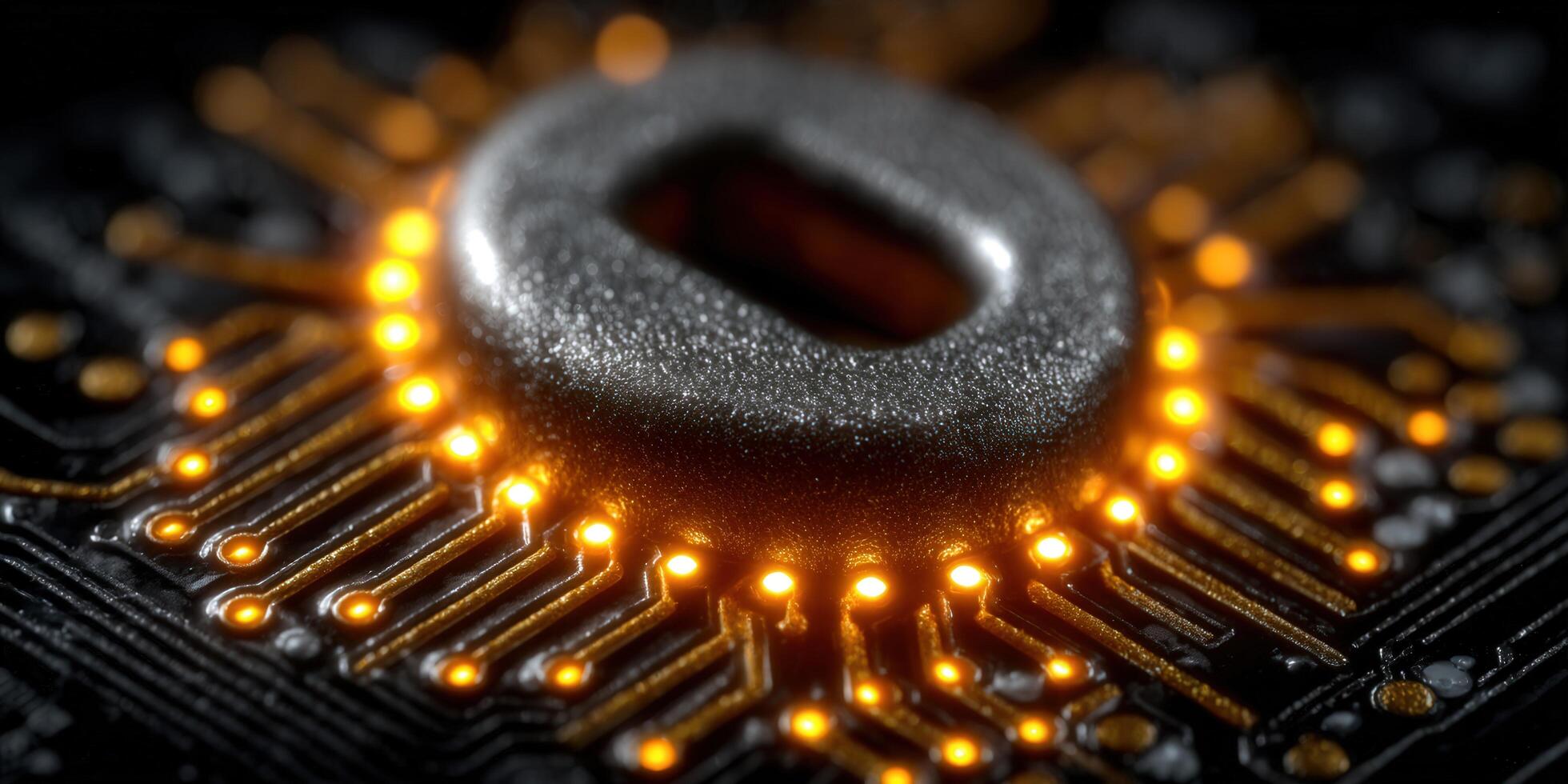 Illuminated digital circuit board with a glowing zero, representing technological advancements. photo