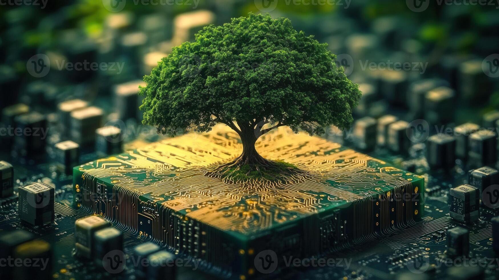 A symbolic representation of nature and technology coexisting harmoniously on a circuit board. photo