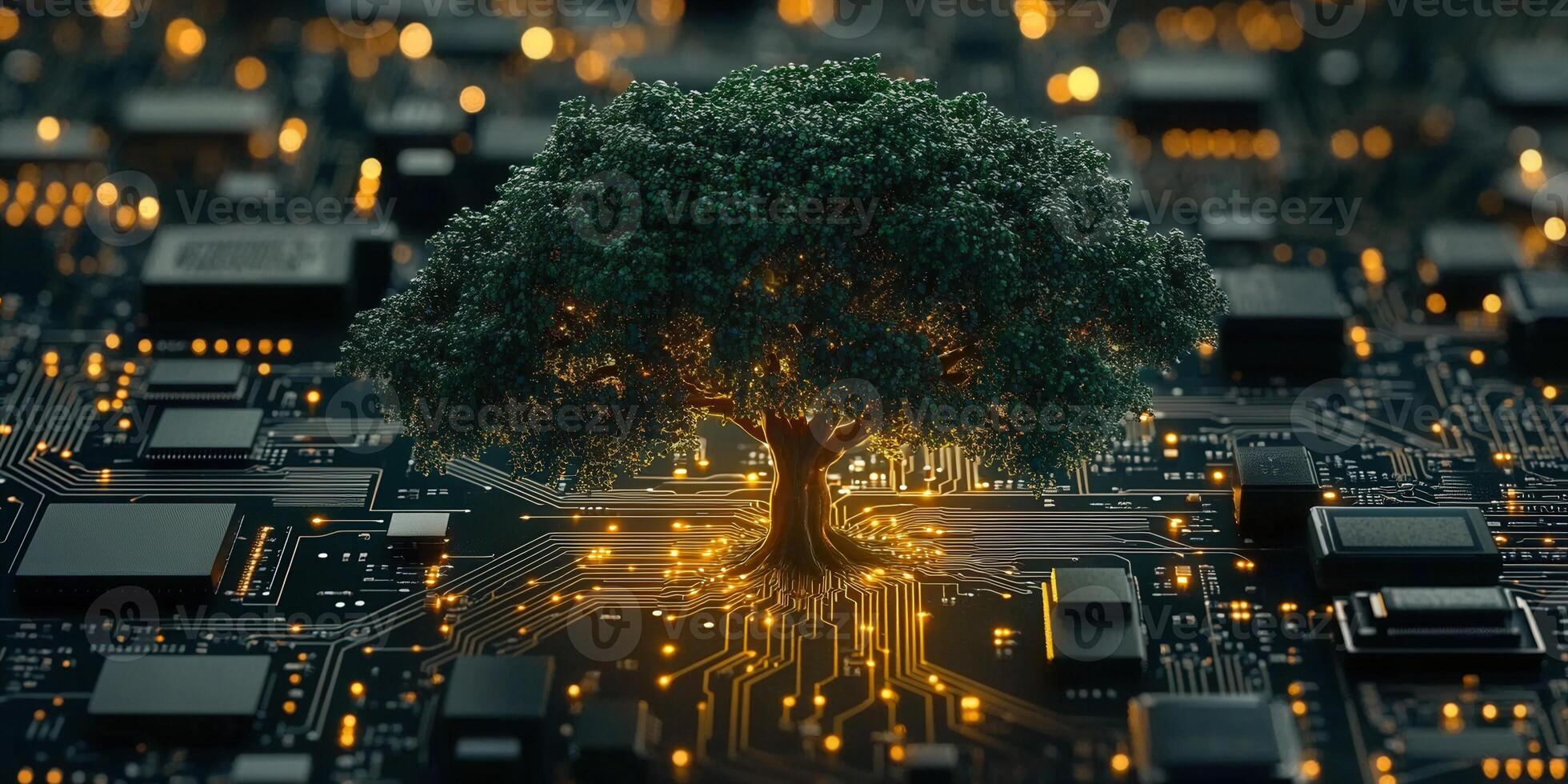 An artistic depiction of a tree rooted in a digital circuit board, glowing with light. photo