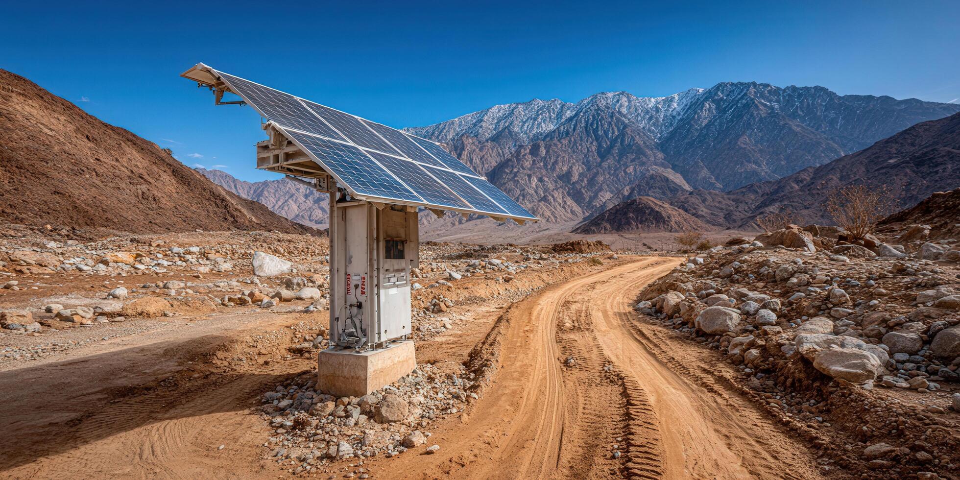Solar panel array in a desert, providing clean energy to remote areas. photo