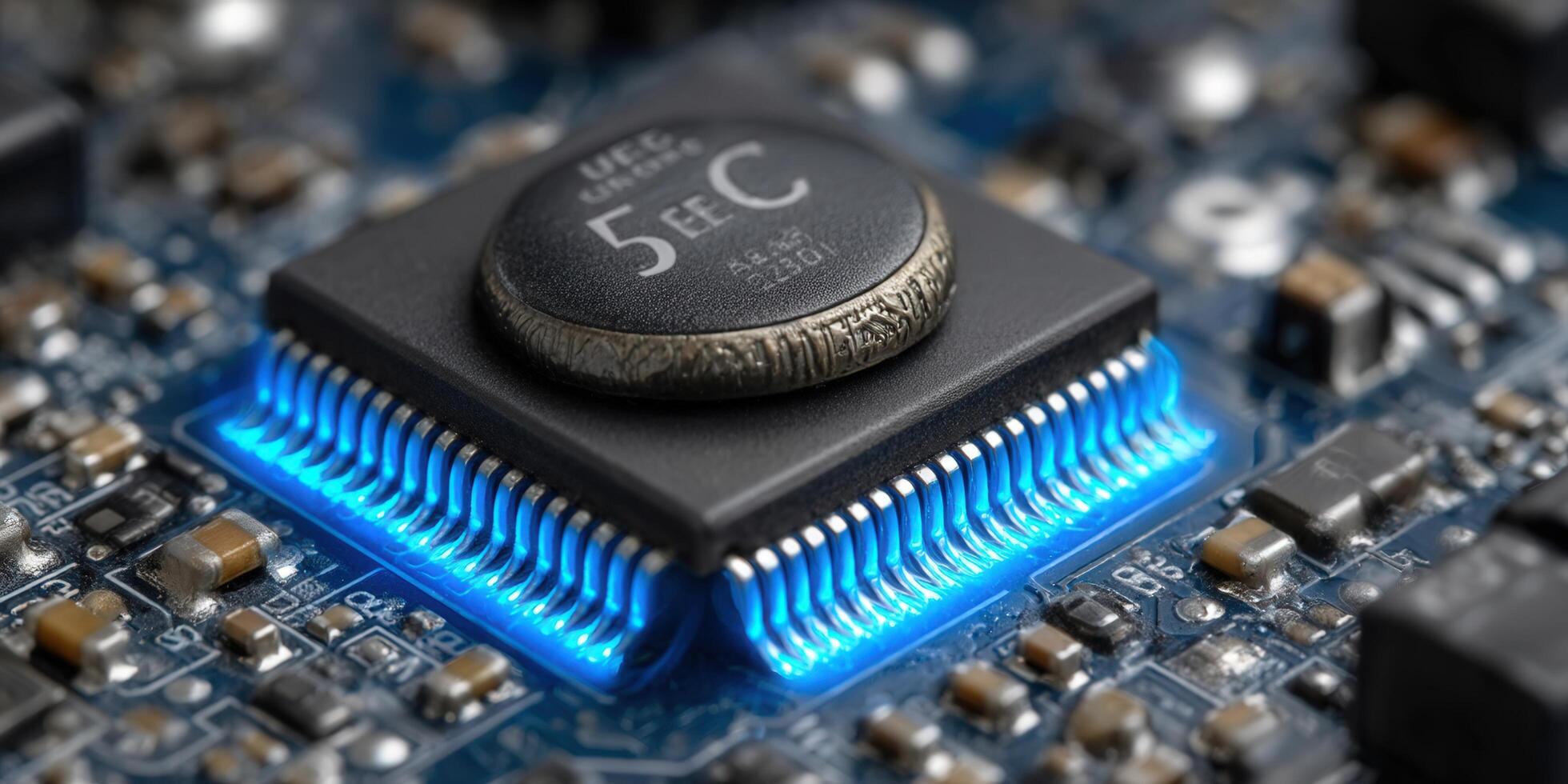 A close-up view of a glowing blue computer processor on a circuit board, illustrating technology photo