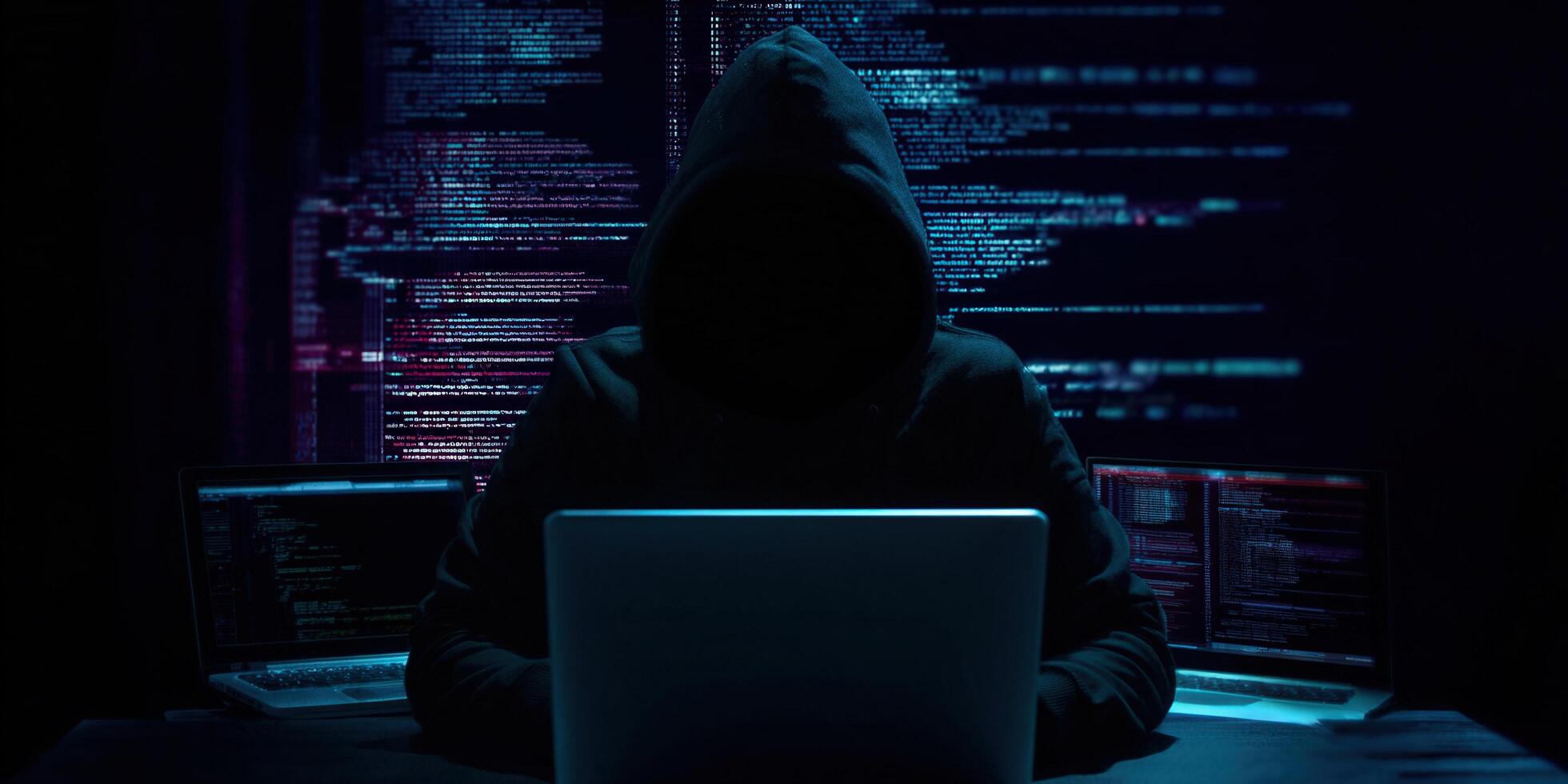 A hooded hacker is surrounded by computer screens, working with lines of code to access data. photo