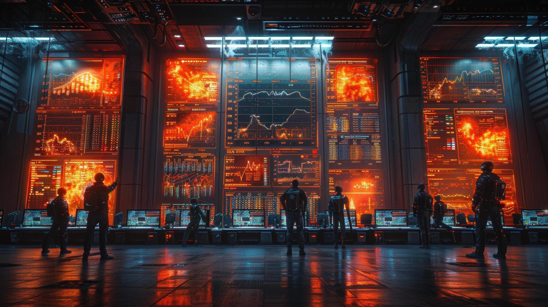 Inside a high-tech command center, officers analyze critical information displayed on screens. photo