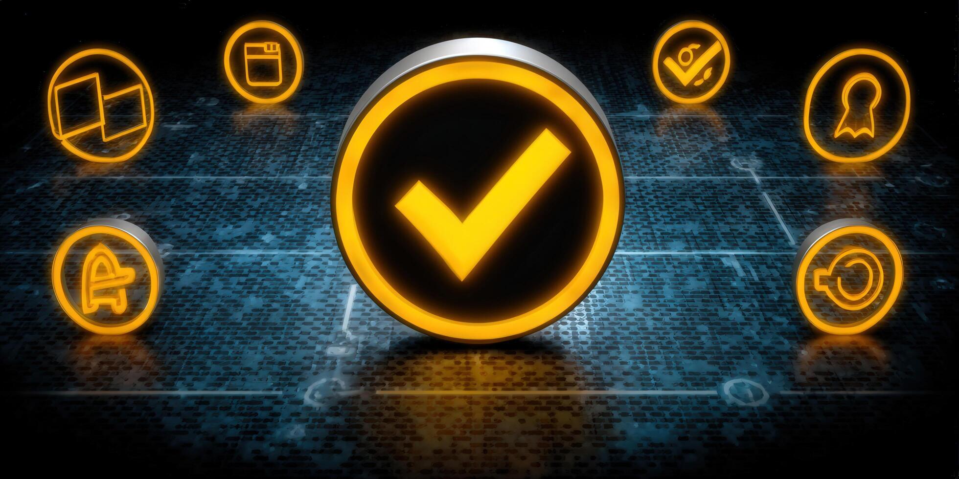 The image showcases a central checkmark with multiple digital icons around it in a tech-themed design. photo