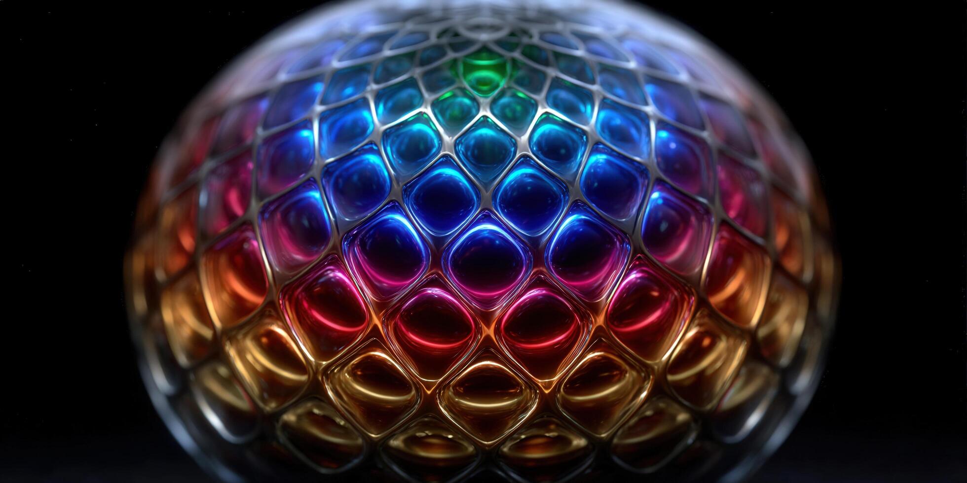 This image presents a detailed view of a colorful sphere with an intricate, reflective design and a dark background. photo