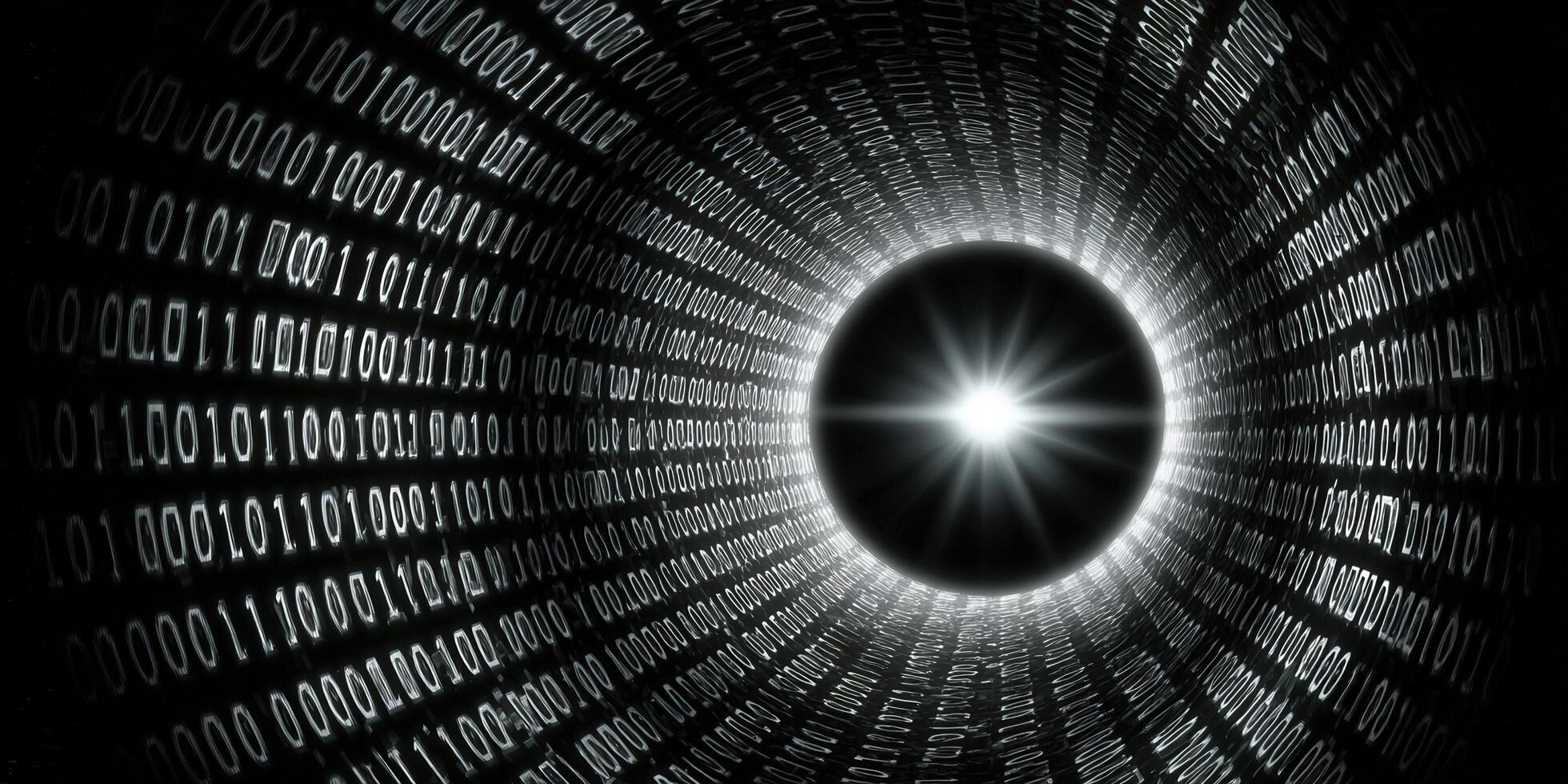 Binary code tunnel with bright light, representing data flow and digital concepts. photo