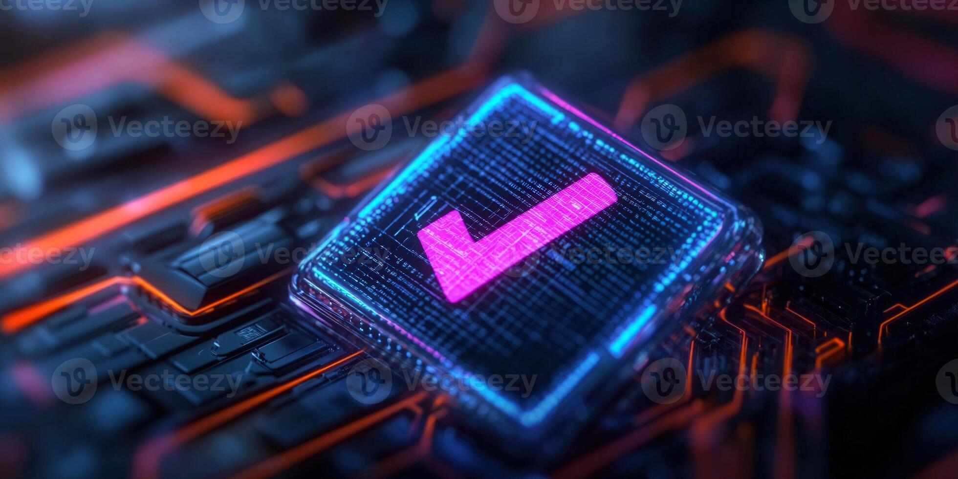 A digital check mark glows on a circuit board, showcasing data validation. photo
