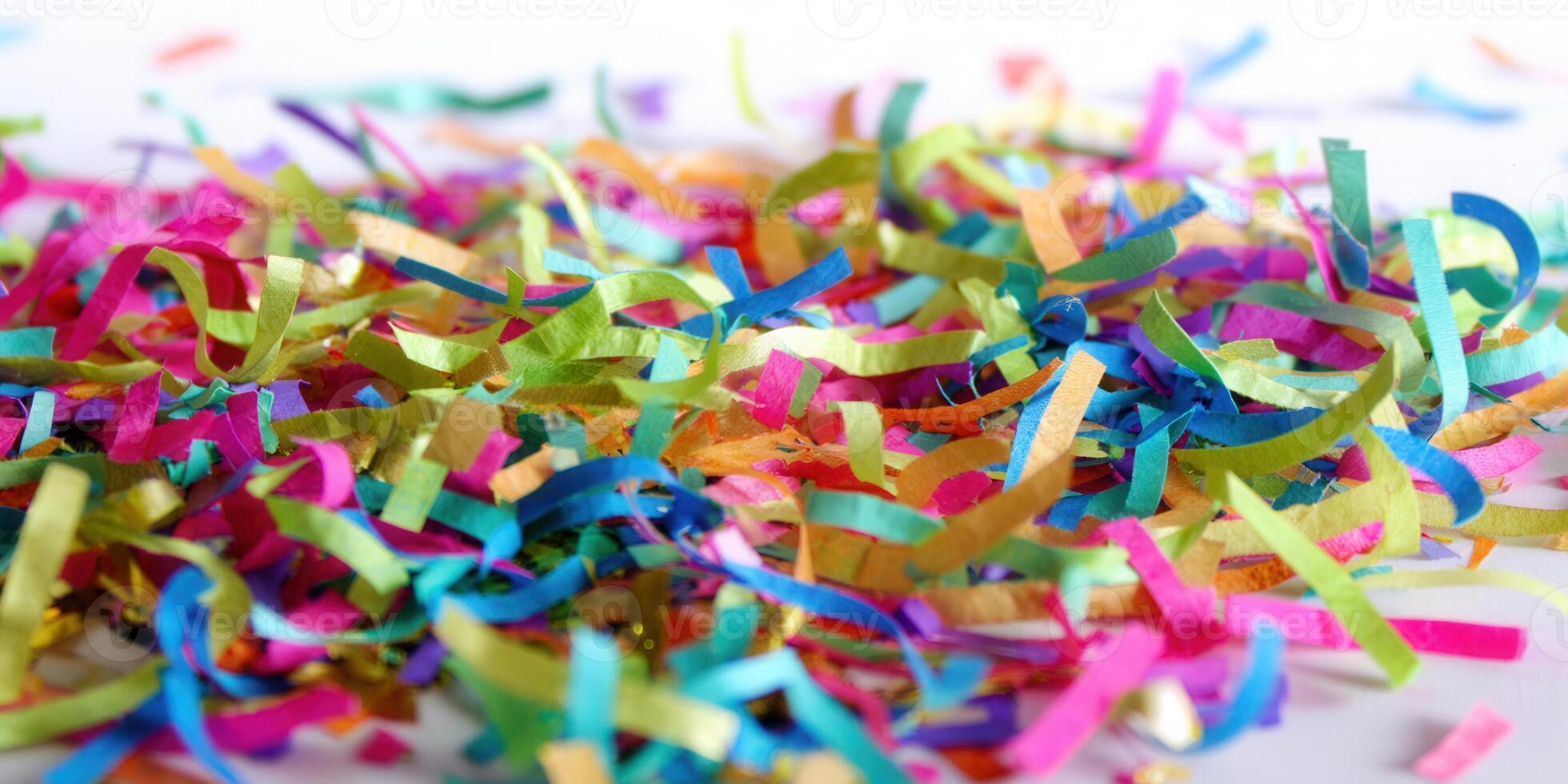 Vibrant confetti scattered on a white surface, creating a joyful and colorful scene. photo