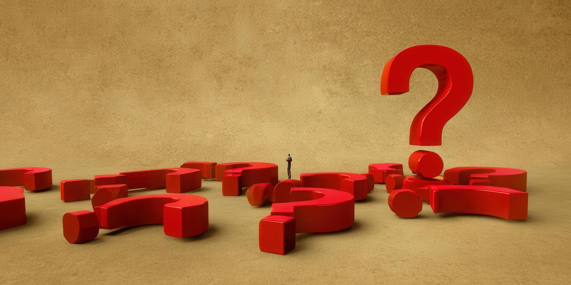 A tiny person looks at big red question marks, representing queries and doubts photo