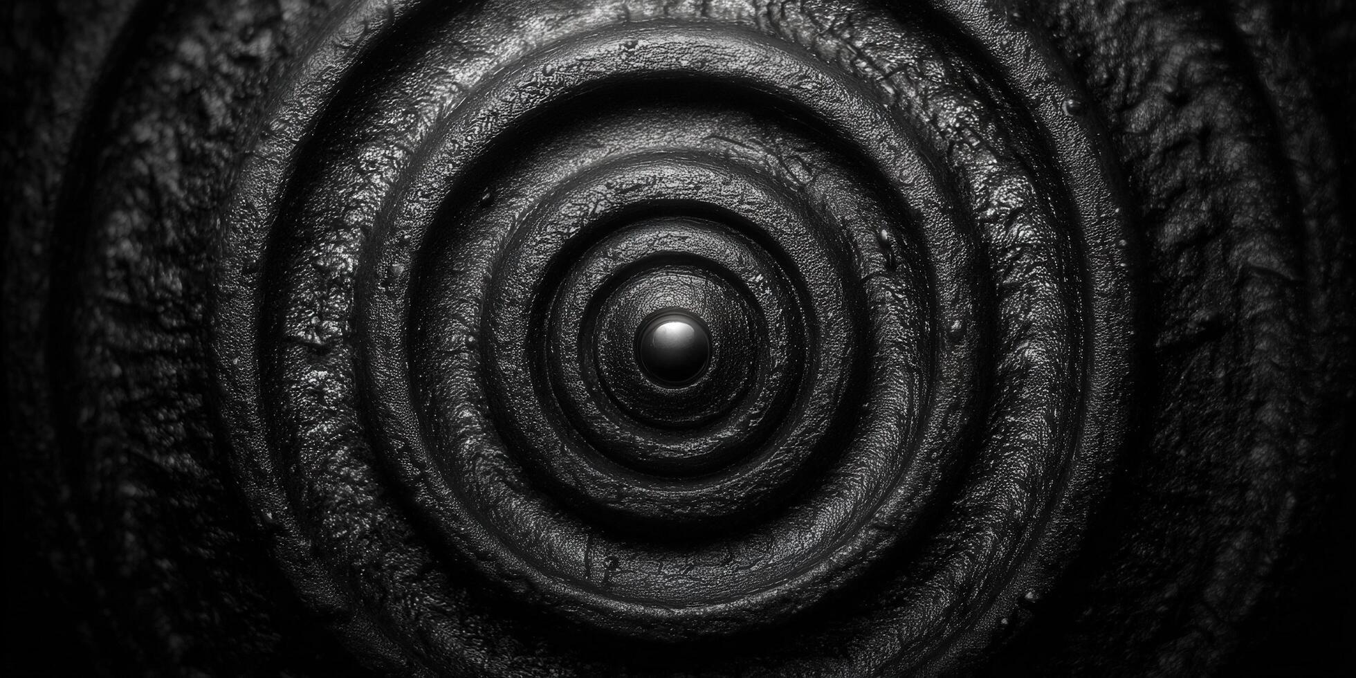 Intriguing black abstract design featuring a circular pattern with a reflective sphere at the center. photo
