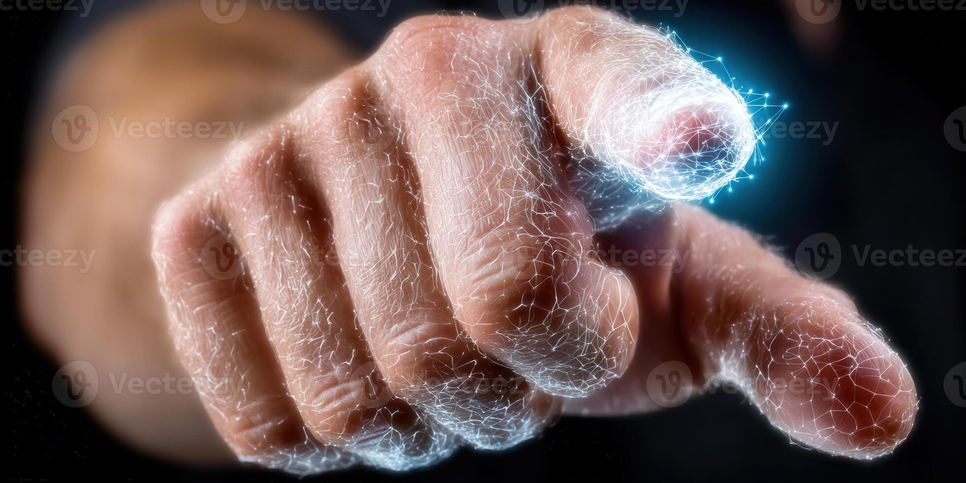 A hand touches a virtual interface, indicating futuristic technological connection and innovation. photo