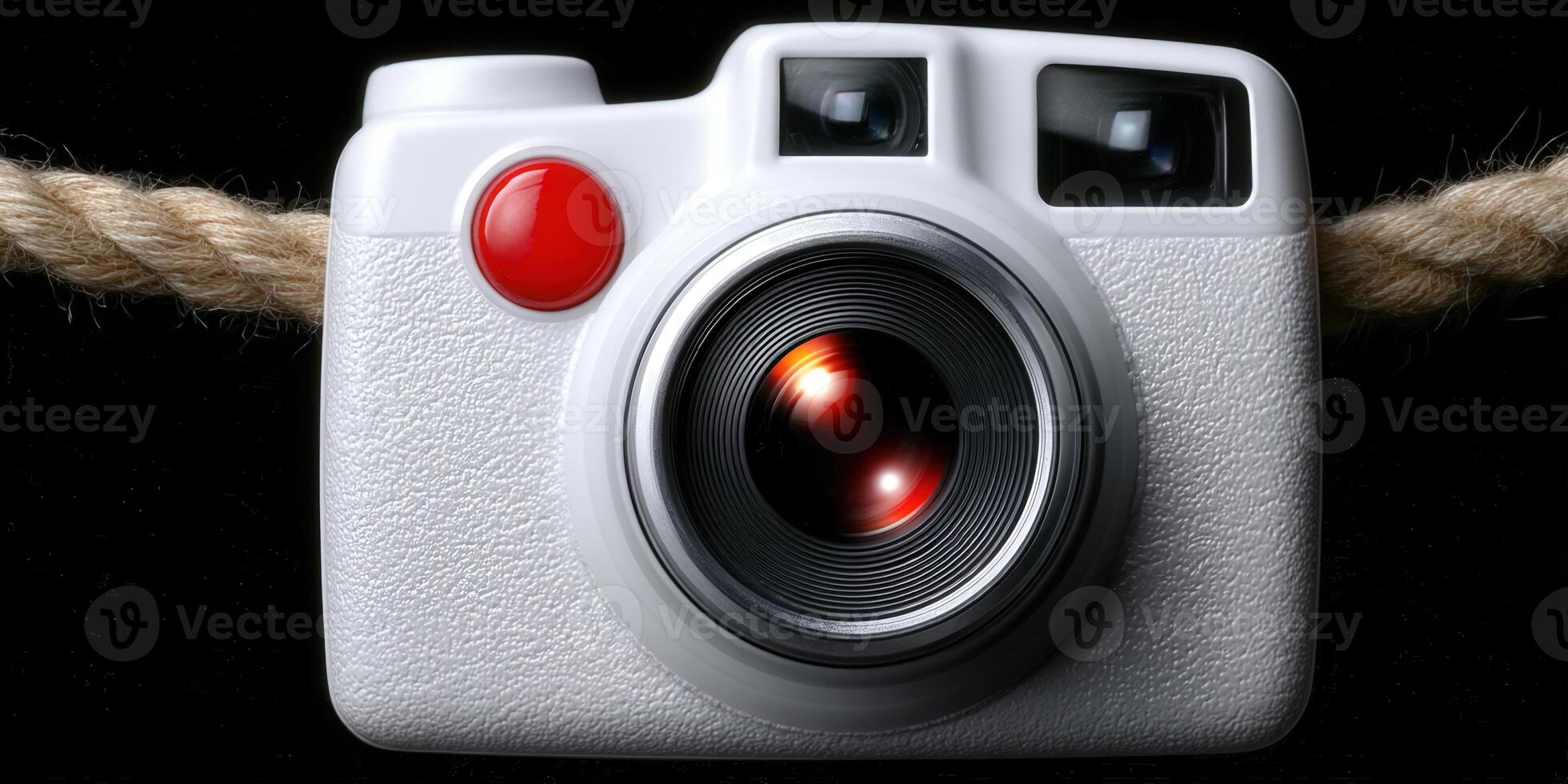 A stylish white camera with a red button is displayed against a dark backdrop with a rope. photo