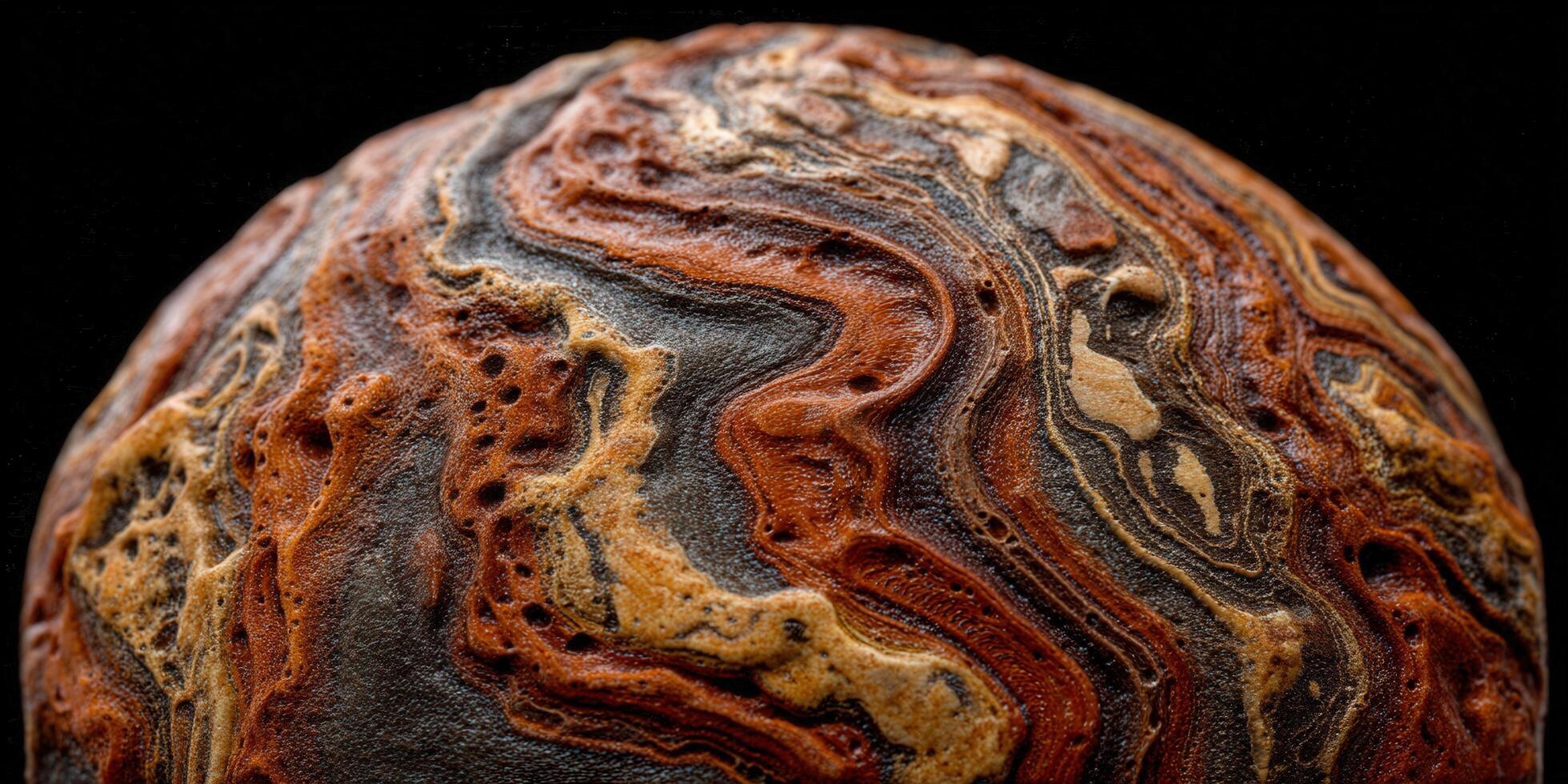 Detailed view of an abstract, spherical object with intricate, earthy patterns. photo