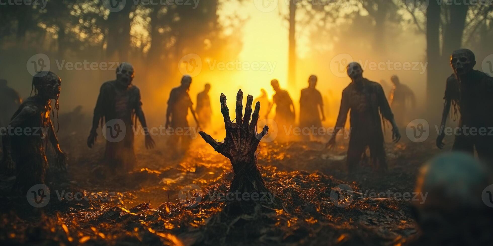 Zombies emerge from the ground during a terrifying night scene in a spooky forest, filled with horror. photo