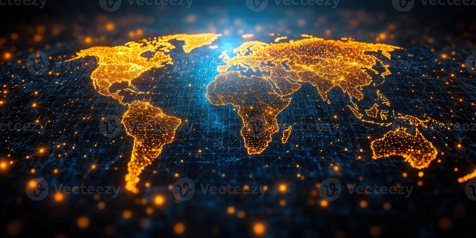 Vibrant digital world map illustrating interconnected global networks and data flow. photo
