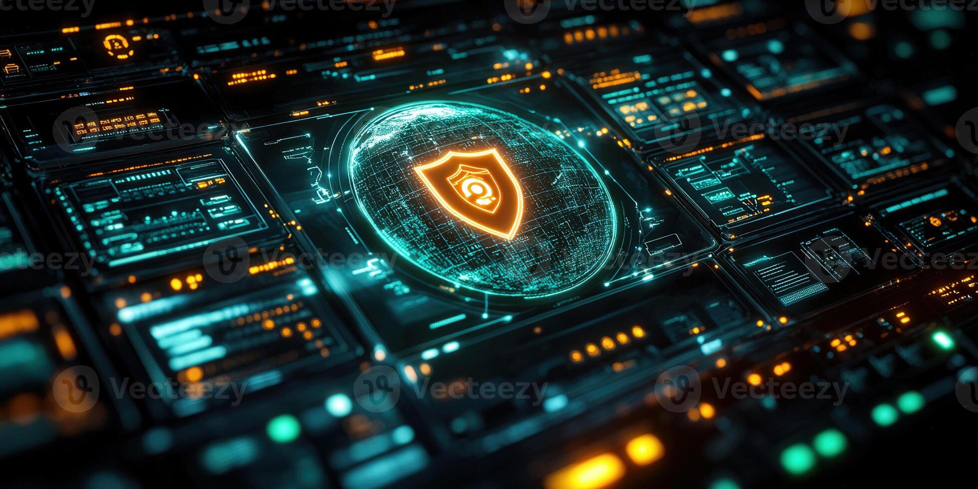 Cybersecurity concept visualized on a digital interface with a shield icon for data protection. photo