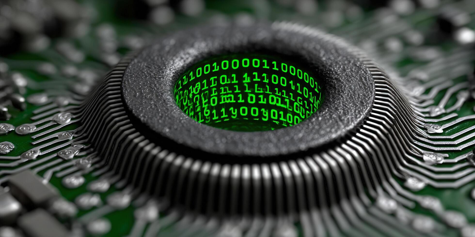 Close-up of a computer chip displaying binary code, highlighting technology and data processing. photo