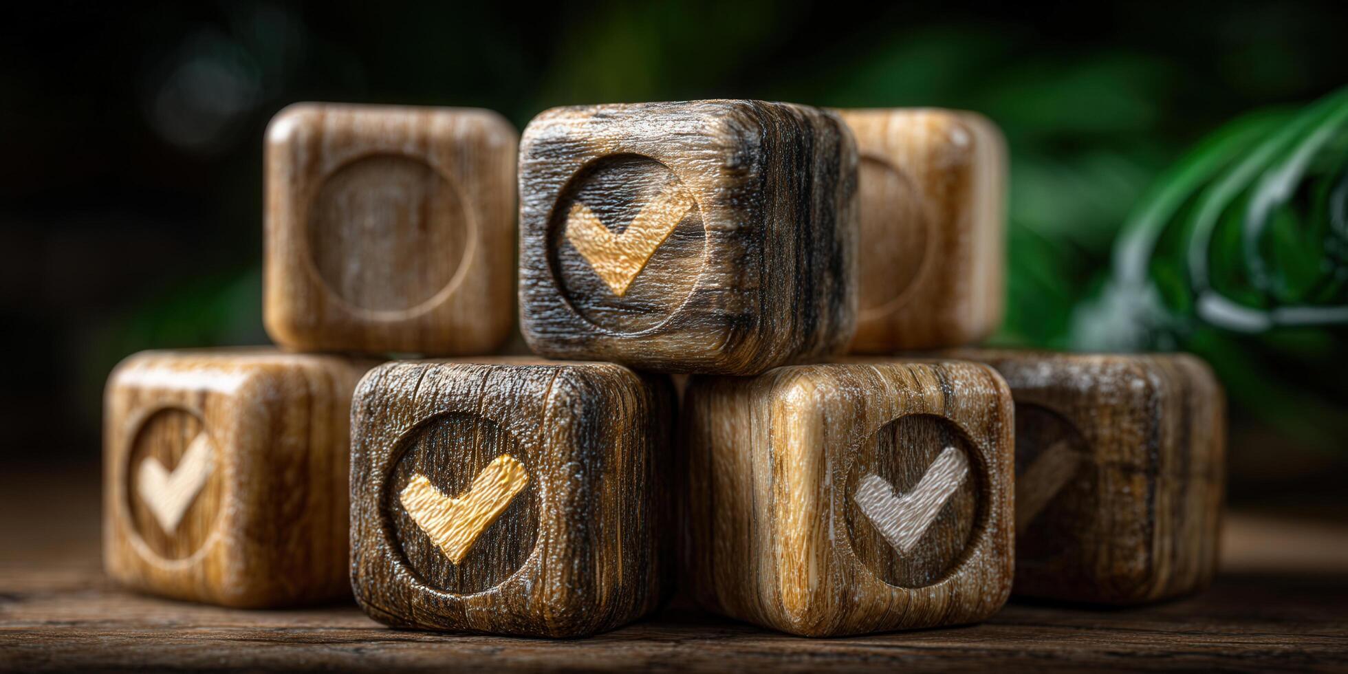 Wooden blocks with checkmarks represent approval and success in a creative composition. photo